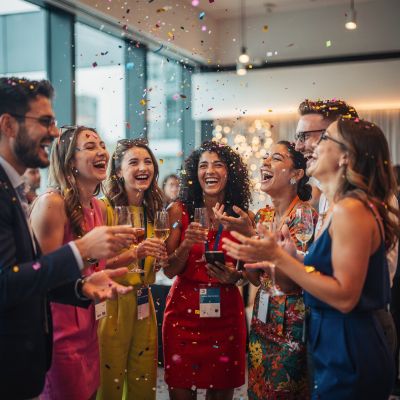 Eine glückliche Gruppe von Menschen feiert mit Konfetti und Sektgläsern den gemeinsamen Erfolg beim Chiwood Networks Community-Event