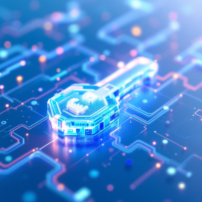 Ein leuchtender, digitaler Netzwerkschlüssel auf einer blauen Leiterplatte, der die sichere Generierung von Erträgen für User bei Chiwood Networks symbolisiert