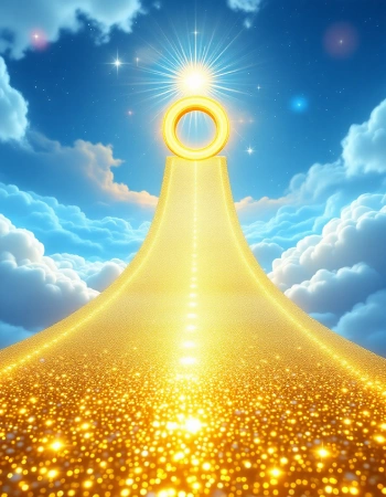 Goldener, leuchtender Pfad führt durch die Wolken zu einem glänzenden Ring und symbolisiert den Aufstieg und Erfolg auf der Social-Media-Plattform trip dip von Chiwood Networks.