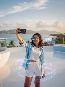 Influencerin macht Selfie mit Smartphone auf Luxus-Terrasse für Chiwood Networks und trip dip Travel-Community.