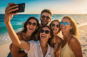 Eine glückliche Freundesgruppe macht ein Selfie am sonnigen Strand für das Social Media Projekt Chiwood Networks und die Plattform trip´dip.