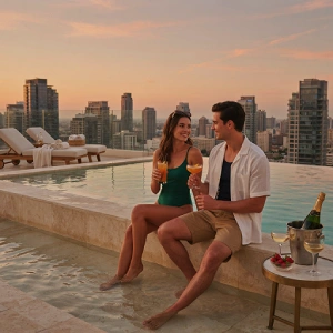 Ein junges Paar genießt Cocktails an einem luxuriösen Rooftop-Infinity-Pool bei Sonnenuntergang mit Blick auf eine städtische Skyline – präsentiert von Chiwood Networks und der Reiseplattform trip´dip