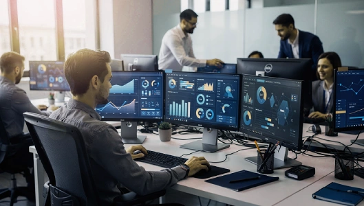 Mitarbeiter im modernen Büro analysieren Social-Media-Daten und Dashboards für das Projekt Chiwood Networks und trip'dip.