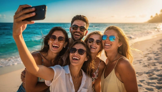 Eine glückliche Gruppe von Freunden macht ein Selfie am Strand bei Sonnenuntergang – präsentiert von Chiwood Networks und der Plattform trip dip