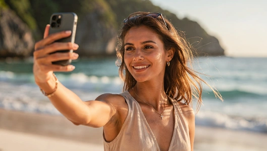 Eine lächelnde junge Frau macht am Strand ein Selfie mit ihrem Smartphone für die Plattform trip'dip von Chiwood Networks.