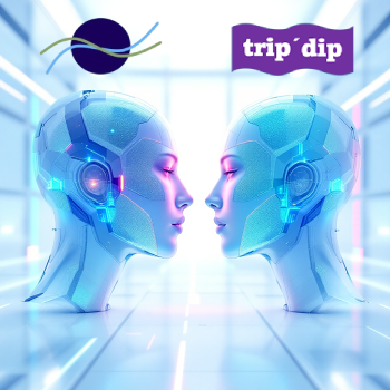 Zwei futuristische, hellblaue Köpfe stehen sich im Profil gegenüber und symbolisieren die Verbindung von Chiwood Networks und trip'dip.