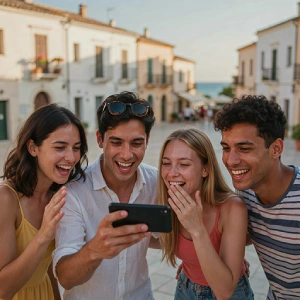 Vier junge Reisende lachen gemeinsam über Inhalte auf einem Smartphone – Social-Media-Community von Chiwood Networks auf der Plattform trip'dip.