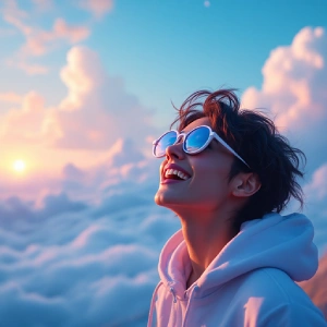 Stilisierte Person mit Sonnenbrille und Hoodie blickt lächelnd in einen farbenfrohen Himmel über den Wolken – Symbol für Kreativität, digitale Vernetzung und die Social-Media-Plattform trip´dip von Chiwood Networks.