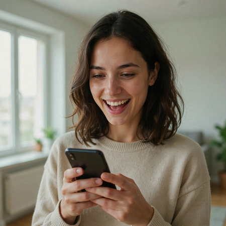 Junge Frau lächelt beim Nutzen ihres Smartphones für soziale Netzwerke