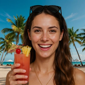 Lächelnde Reisende Influencer mit tropischem Cocktail am Strand – authentischer Urlaubsmoment für die Reiseplattform trip'dip von Chiwood Networks.