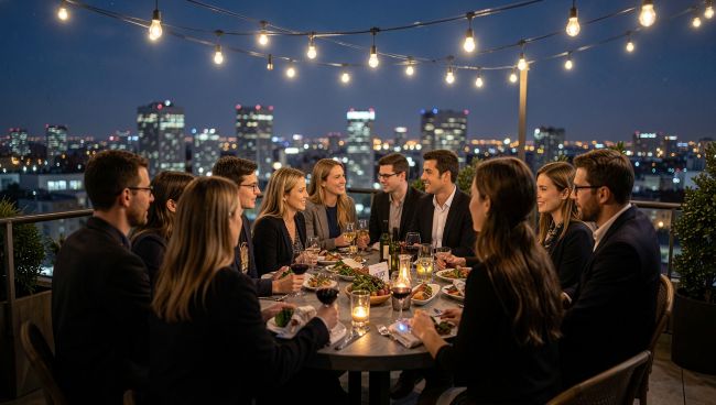 Eine Gruppe junger Mitglieder feiern den Erfolg mit dem Social Media Projekt Chiwood Networks bei einem gemeinsamen Abendessen auf einer Dachterrasse mit Blick auf die Skyline der Stadt.