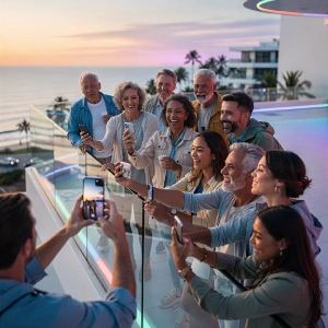 Internationale Reisegruppe fotografiert gemeinsam einen Moment bei Sonnenuntergang.