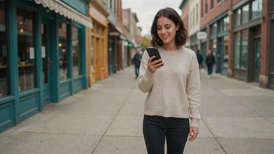 Eine junge Frau geht lächelnd durch eine Einkaufsstraße und nutzt die trip dip Social Media Plattform von Chiwood Networks auf ihrem Smartphone.